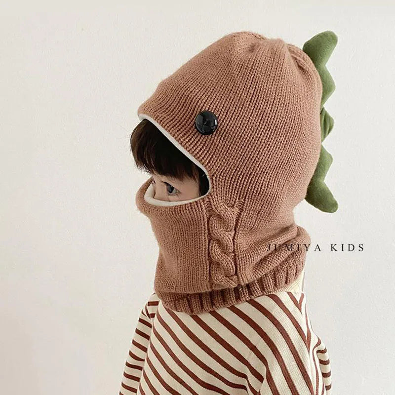 Doitbest Winter knit Baby Knitted Hat scarf one-piece Hats Kids Girl Boy Beanies Caps Warm dinosaur Earflap Hats for Children