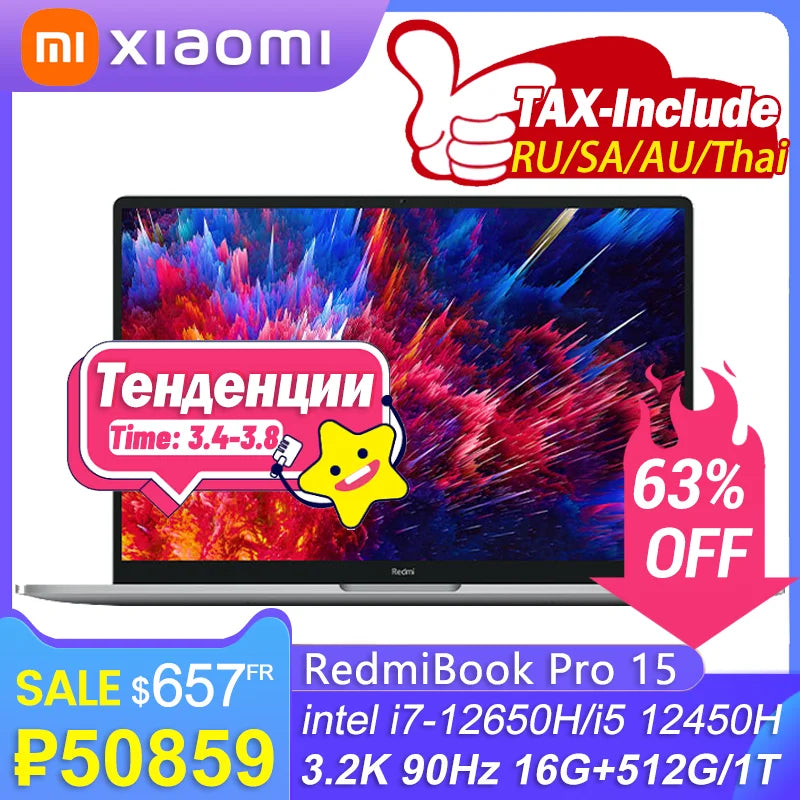 Xiaomi RedmiBook Pro 15 2022 Laptop Intel Core i7-12650H/i5 12450H RTX2050 16GB RAM 512GB/1TB SSD 3.2K 90Hz 15.6Inch Mi Notebook