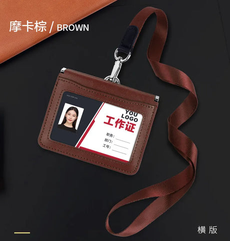 High Quality Genuine Leather ID Badge Holder Access Control Card Holders with Neck Lanyard Office Worker Magnet Hasp Campus Card