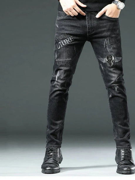 Man's Trousers Classic Distinctive Printed Black Stretch Denim Jeans for Men High Quality Slim Fit Stretch Hip Hop Denim Pants