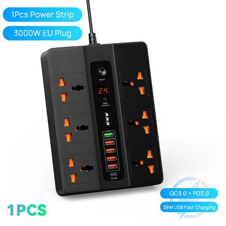 3000W 6 AC Outlets Power Strip 20W PD QC3.0 USB Fast Charger 6 Ports Type C Quick Charge Station Adapter for iPhone Samsung