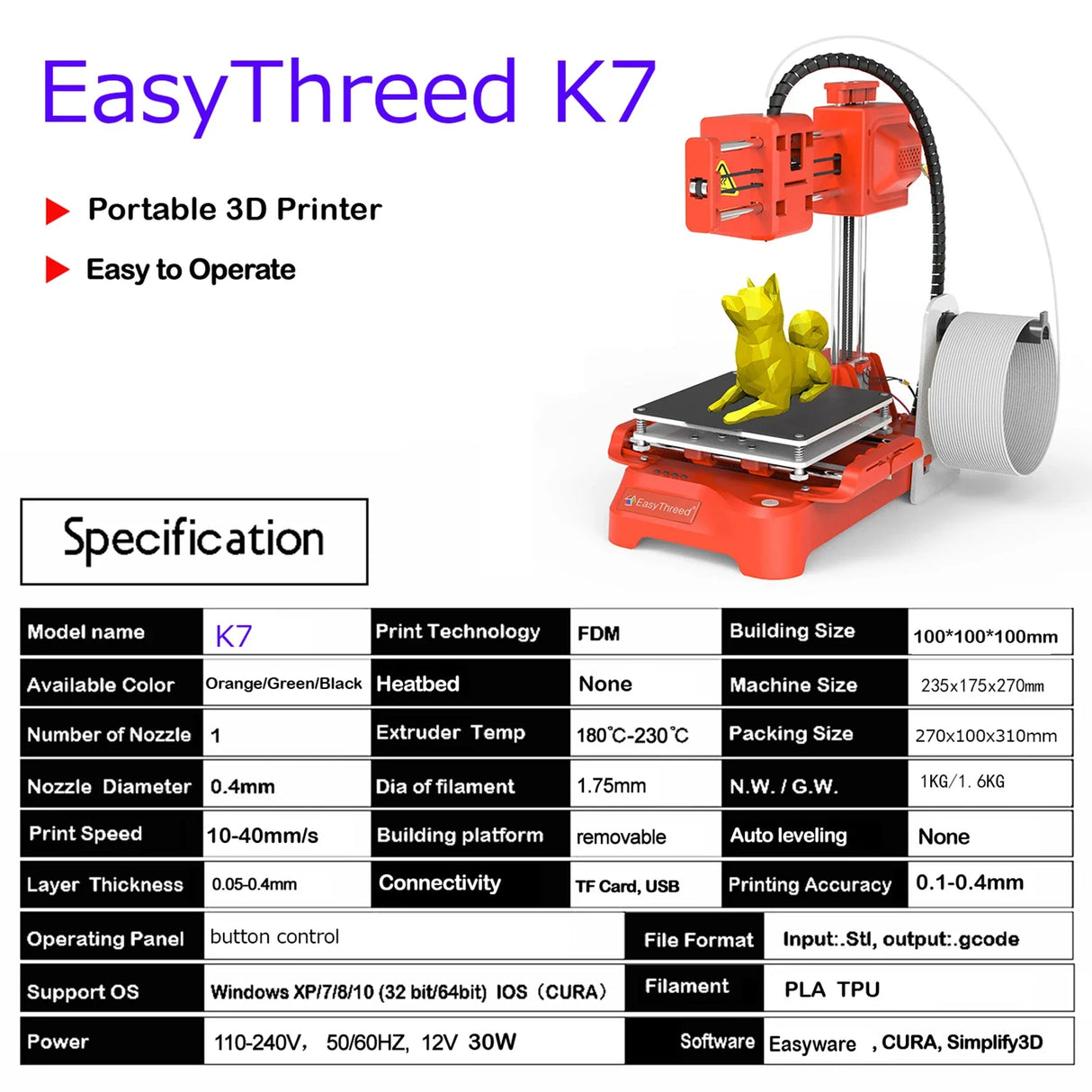 EasyThreed  K7/K9 Mini Desktop Children 3D Printer 100*100*100mm Print Mute Printing with TF Card PLA Sample Filament