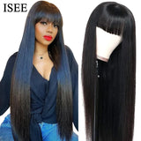 ISEEHAIR Machine Made Sew In Wig Human Hair Straight Wig  Malaysian Straight Wig with Bang Natural Color For Women Glueless Wigs