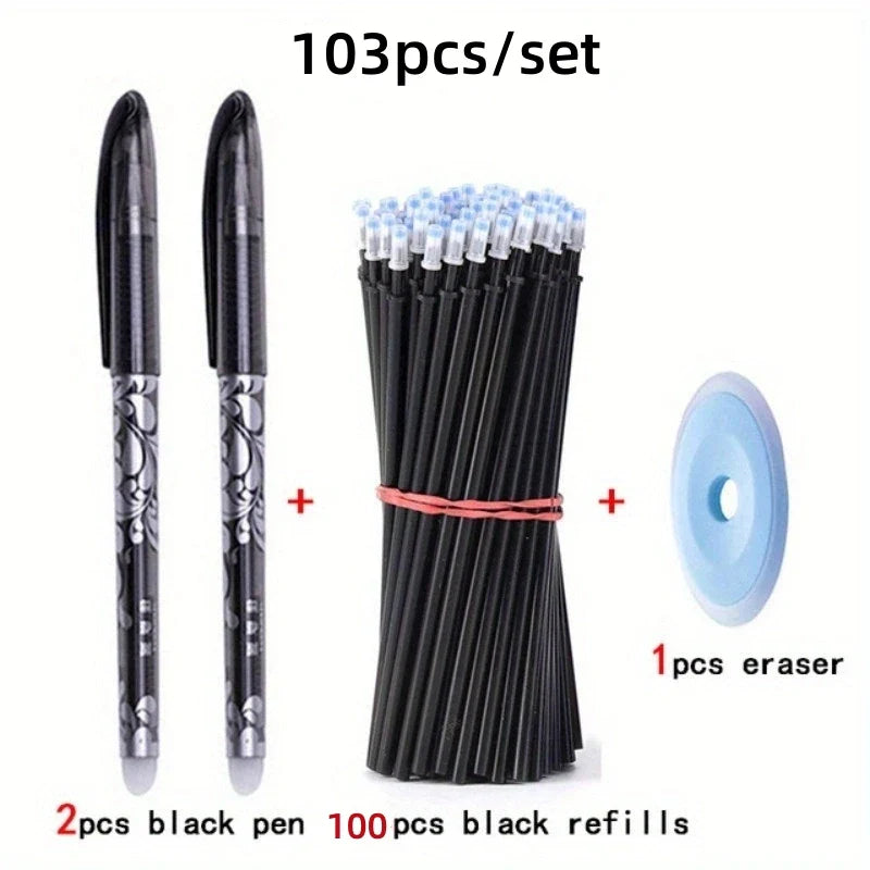 103pcs/set Black Blue Ink Erasable Pen Refills Rods Set 0.5mm Magic Erasable Gel Pen Washable Handle Office Writing Stationery