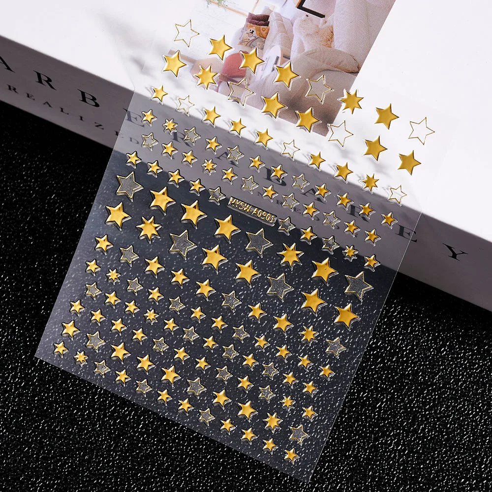 3D Gold Sun/Moon/Star Bronzing Nail Art Sticker 8*10cm Laser Star Moon Design Nail Decal Gold Silver Self-Adhesive Slider &*&