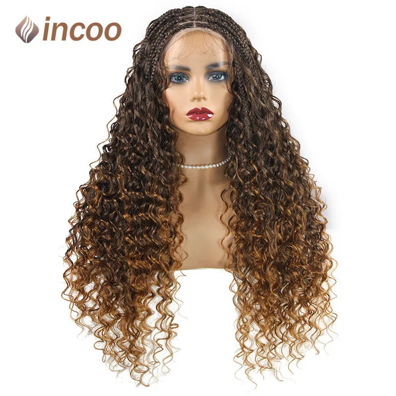 24'' Bohemia Full Lace Box Braided Wig Synthetic Lace Frontal Wig for Braiding Wih Curly Hair Ombre Blonde Goddess Faux Locs Wig