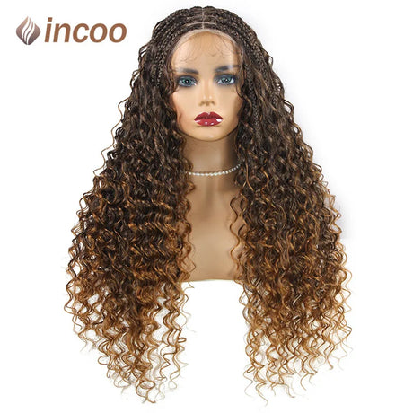 24'' Bohemia Full Lace Box Braided Wig Synthetic Lace Frontal Wig for Braiding Wih Curly Hair Ombre Blonde Goddess Faux Locs Wig