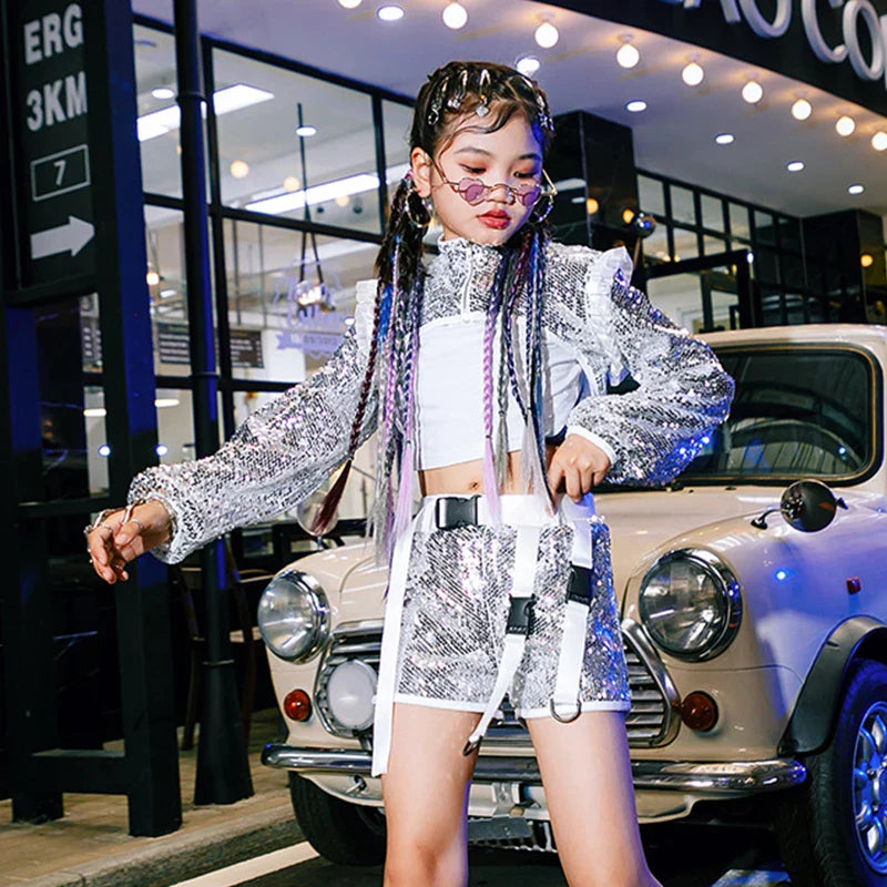 Girls Silver Sequins Jazz Dance Costume Kpop Outfit Tops Vest Shorts Festival Clothing Children Hip Hop Dancing Clothes YS4602