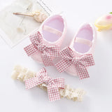 0~18M Cute Bowknot Newborn Baby Shoes Headband Set Anti Slip Toddler Infant First Walker Baby Girls Newborn Soft Sole Pink Shoes