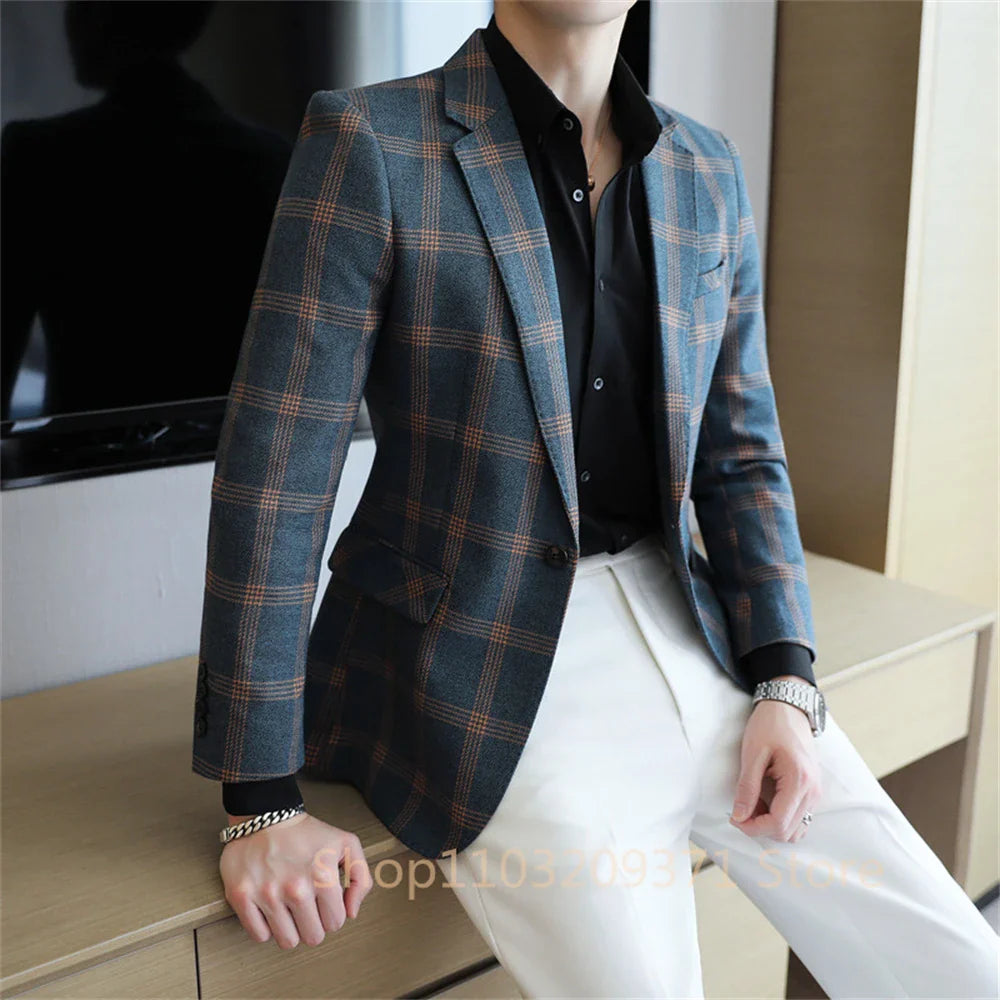 Top Quality Business Slim Fit Mens Plaid Blazer Jacket 2024 Spring Autumn Casual Blazers Men Groom Elegant Dress Suit Jacket