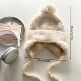 Women Pompom Ear Warmer Bonnet Fleece-lined Ear Protection Beanies Caps Knitted Hat Lace-up Winter Warm Thickened Ear Flap Hat