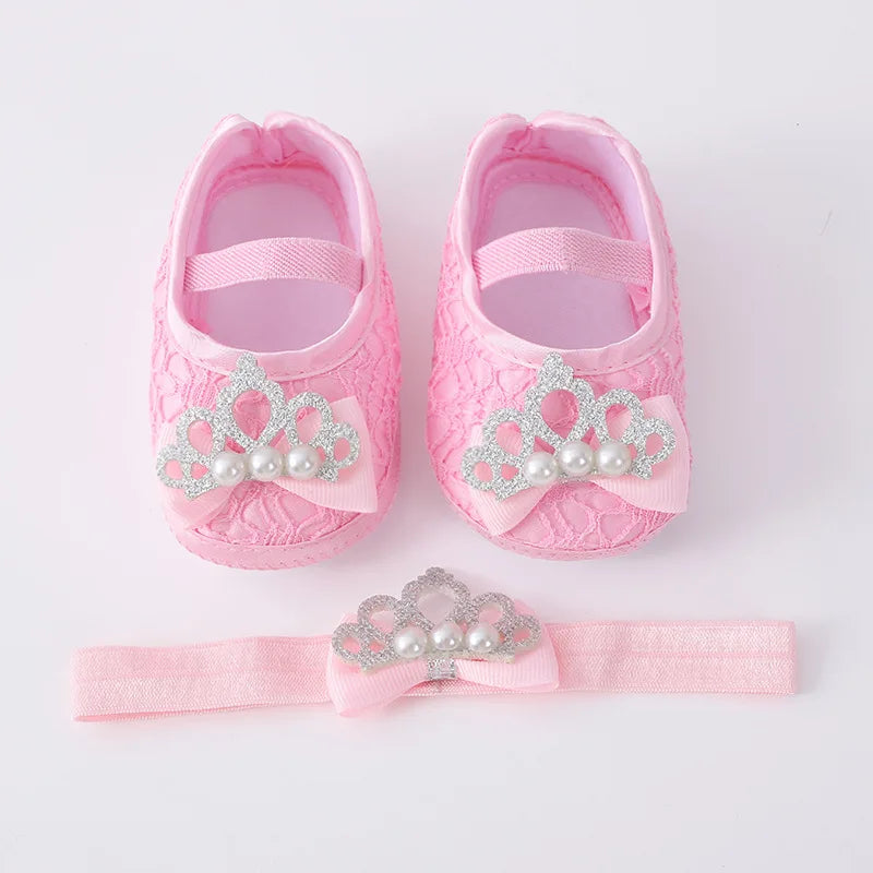 0~18M Cute Bowknot Newborn Baby Shoes Headband Set Anti Slip Toddler Infant First Walker Baby Girls Newborn Soft Sole Pink Shoes