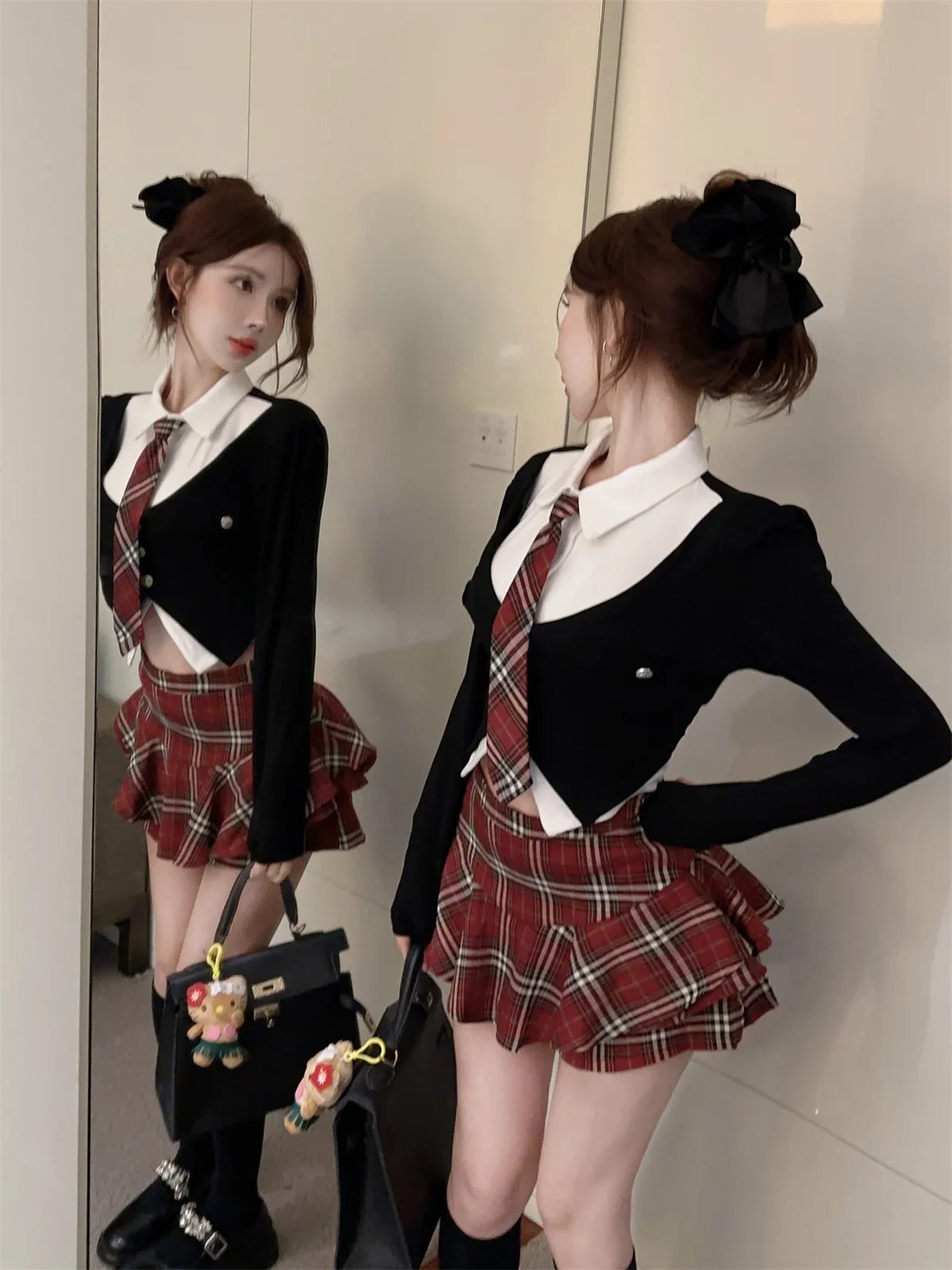 Spicy Girls Uniform Set Women Team Uniform Spring Academic Style Polo Neck Sexy Mini High Waist Plaid Culottes Skirt Red Plaid