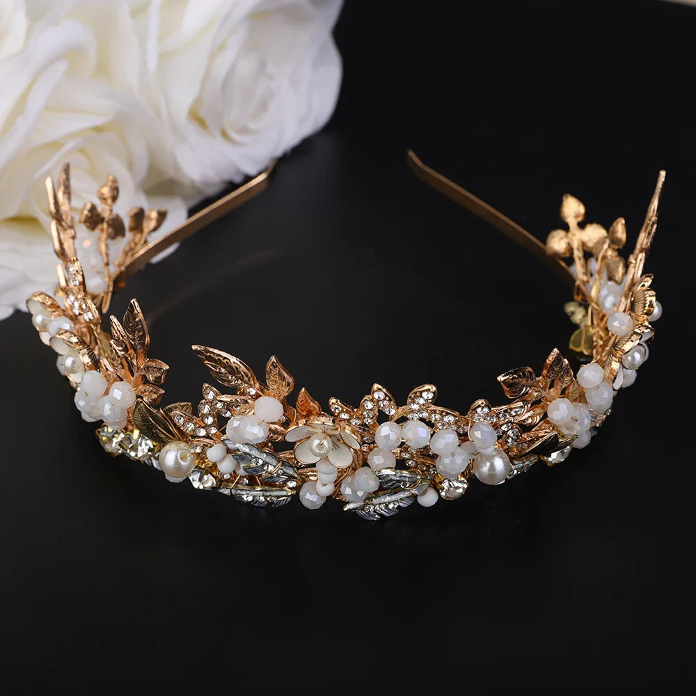 Handmade Bride Hair Accessories Gold Bridal Flower Crown Wedding Head Jewelry Girl Tiaras Crystal Headdress For Girlfriend