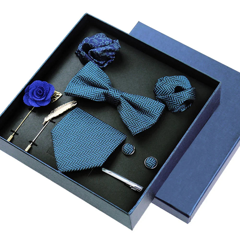 8-piece Set Bussiness Blue Ties For Mans Floral Brooches Pin Cufflinks Tie Clips Butterfly Bowtie Wedding Accessori Gift Box Set