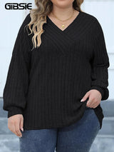 GIBSIE Plus Size Long Sleeve T Shirts for Women Spring Fall Fashion V Neck Solid Ribbed Knit Casual Tee Tops Female 2023 Clothes