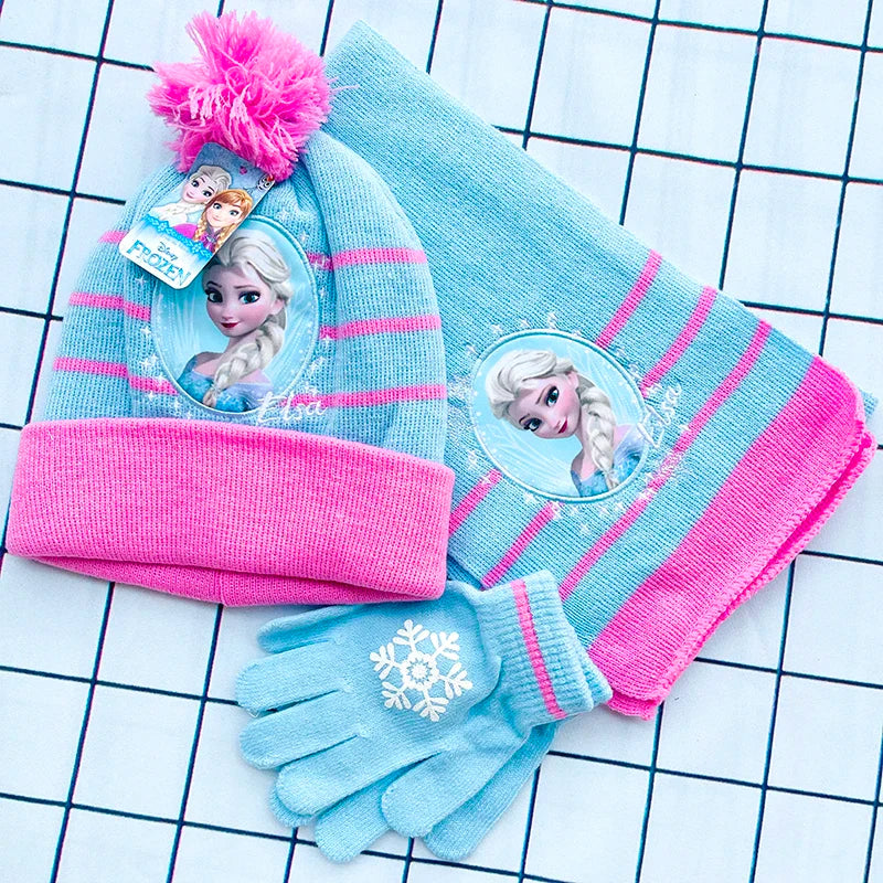 Disney New Autumn and Winter Cute Children Ice and snow Elsa Cartoon Scarf Hat glove three-piece Warm Boy Girl Child hat