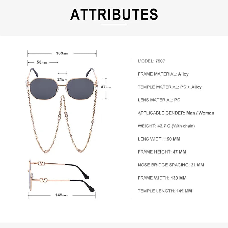 Men Women Punk Sun Glasses Brand Designer Retro Alloy Polygon Sunglasses Women Luxury Shades with A Chain Lanyard Sunglasses