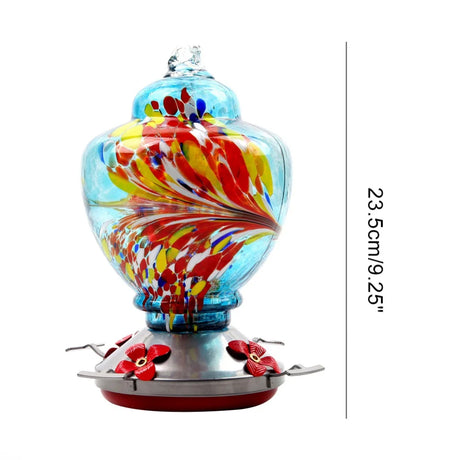 Hummingbird Feeder for Outdoors Hanging Hand Blown Glass Bird Water Feeder with Hook Resting Perches Liquid Container Colorful