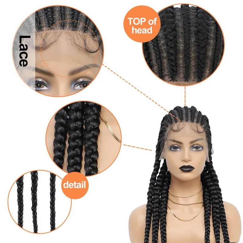 36" Full Lace Frontal Wigs For Women Cornrow Braided Wigs With Baby Hair Synthetic Wig Braide African Jumbo Knotless Braid Wig