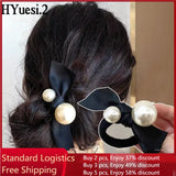 Fashion Seamless Black Hair Ties Rope Simple Pearl Beaded Ponytail Holders Rubber Band With Ribbon For Women Girls