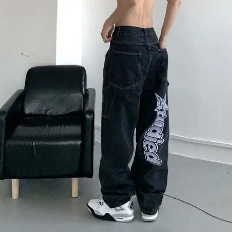 Vintage Gear Patch Punk Jeans High Street Spiderweb Straight Leg Pants Men's Wide Leg Pants Black Cargo Pants Y2k Clothes Baggy