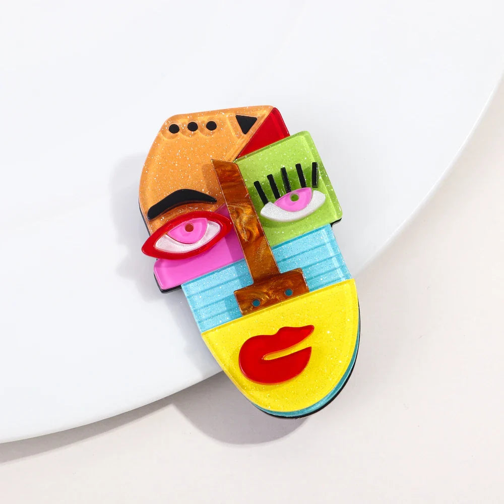 FishSheep Abstract Acrylic Geometric Face Figure Brooches for Women Handmade Big Multicolor Irregular Feature Brooch Pins Gifts