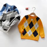 Autumn and winter boy warm sweater plaid lattice long -sleeved sweater college style baby boy knit sweater