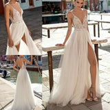 Beach 2023 Wedding Dresses Boho Side Slit Spaghetti Strap Sexy Illusion Boho A-Line Pearls Backless Bohemian Vestido De Noiva