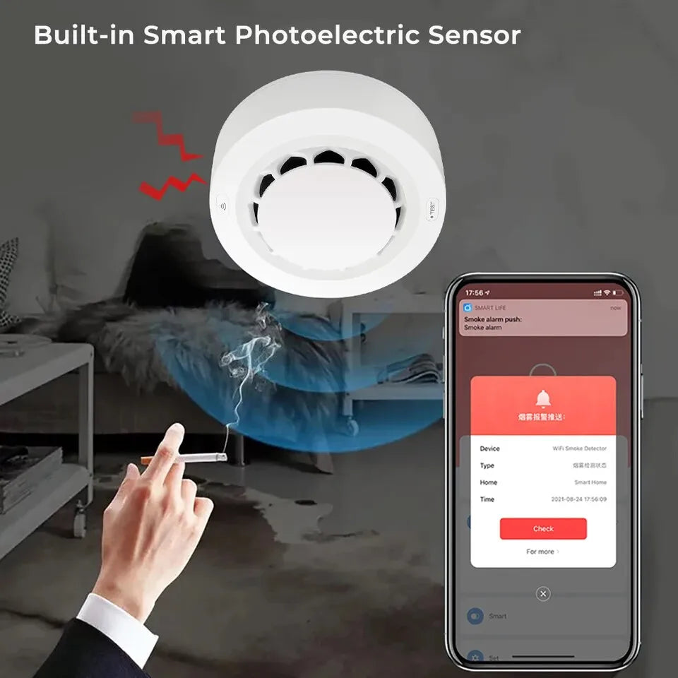 Tuya Smart WiFi Smoke Detector Wireless Independent Smoke Alarm Home Security Sensor Fire Protection Device 90dB Sound Alarm