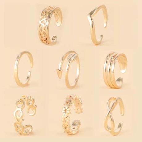 8 Pcs/Set Silver Color Toe Rings for Women Gold Color Adjustable Toe Rings Various Types Band Rings Open Ring Set Beach Jewelry