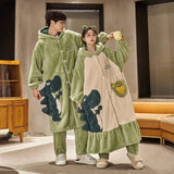 2PCS Hooded Sleepwear Thicken Warm Plush Flannel Robe Set Winter Pajamas for Couples Soft Pajama Man Cartoon Sleeping Bathrobe