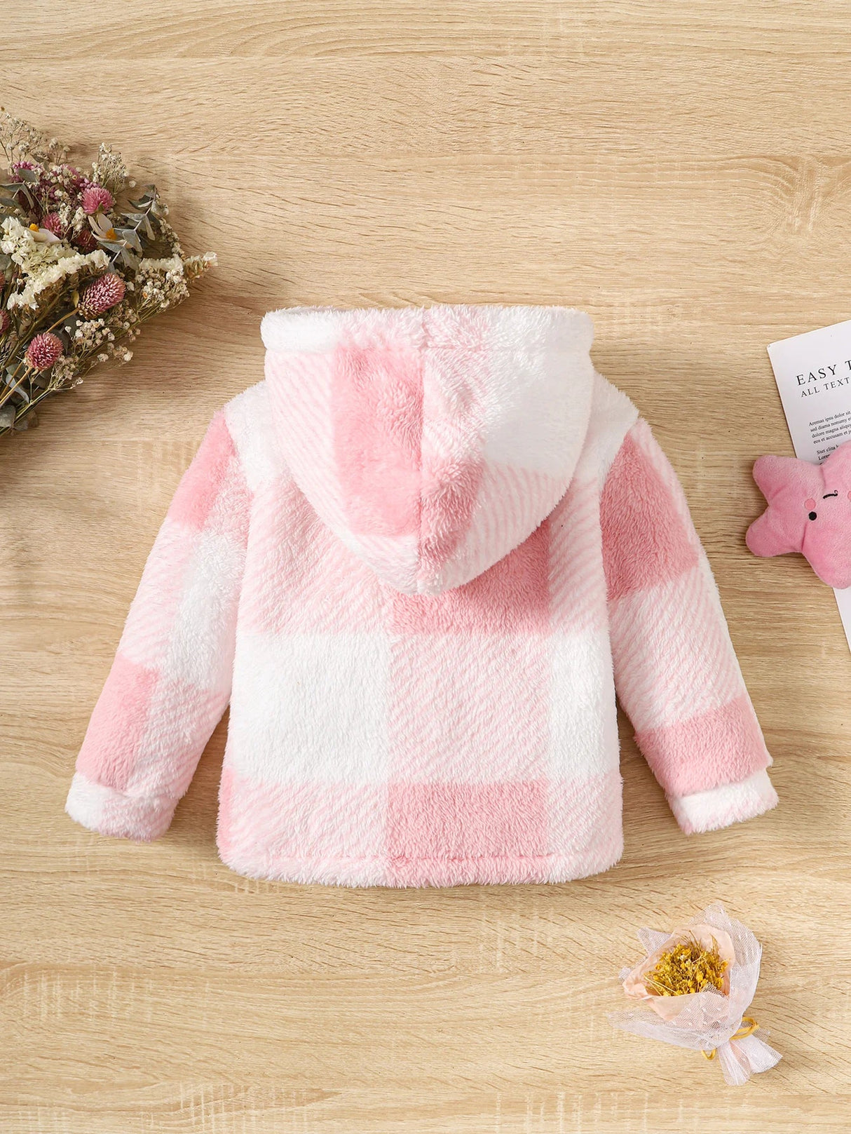 Little Girl Long Sleeved  Hooded Sweater Cute Pink Plaid Jacket Plush Plush Thickened Winter Clothes for 2-8 Years Children