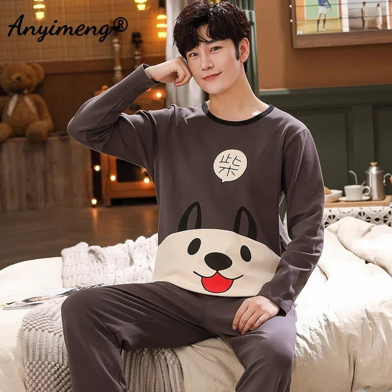 Big Size Autumn New Mens Casual Pajamas Set Cotton Long Sleeve Kawaii Bear Cartoon Printing Sleepwear for Men Pijama for Boy