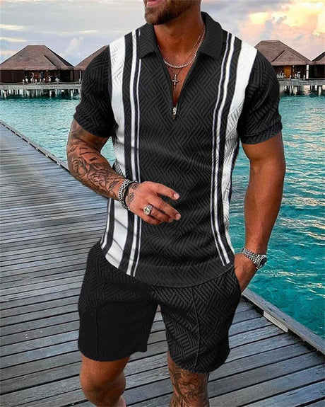 Men's Tracksuit Cotton Solid Color Short Sleeve Zipper Polo Shirt&Shorts Set for Men Casual Streetwear 2-piece Suit 2023 Summer