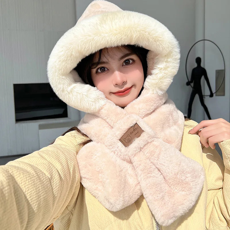 Women' S Autumn and Winter Korean Version Plus Velvet Warm Scarf Wool Hat Outdoor Cold- Proof Ear Protection One- Piece Cap