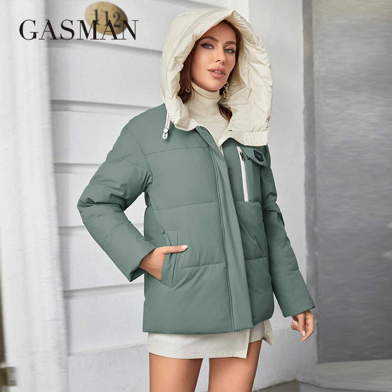 GASMAN Women's Parka 2023 New Fashion Women's Stand Collar Short Slim Casual Hooded Warm Down Jacket 83682