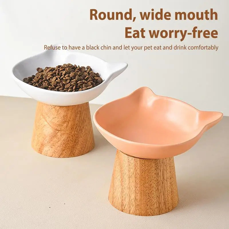 Raised Cat Food Dish Porcelain Feeder Dish With Non-slip Wood Stand Wide Cat Food Bowl Feeding Watering Supplies