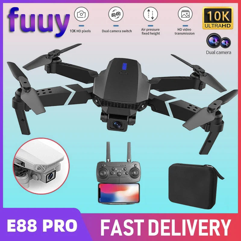 E88 Pro Drone 10K Camera Ultra HD Dual Foldable RC Quadcopter Altitude Hold Visual Positioning Auto Return RC Drone Toy