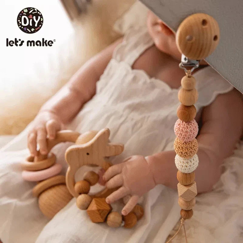 Let's Make Baby Wooden Teether Animals Rattle Chewable Crochet Beads Play Gym Stroller Toy Nursing Pendant Charms Teething