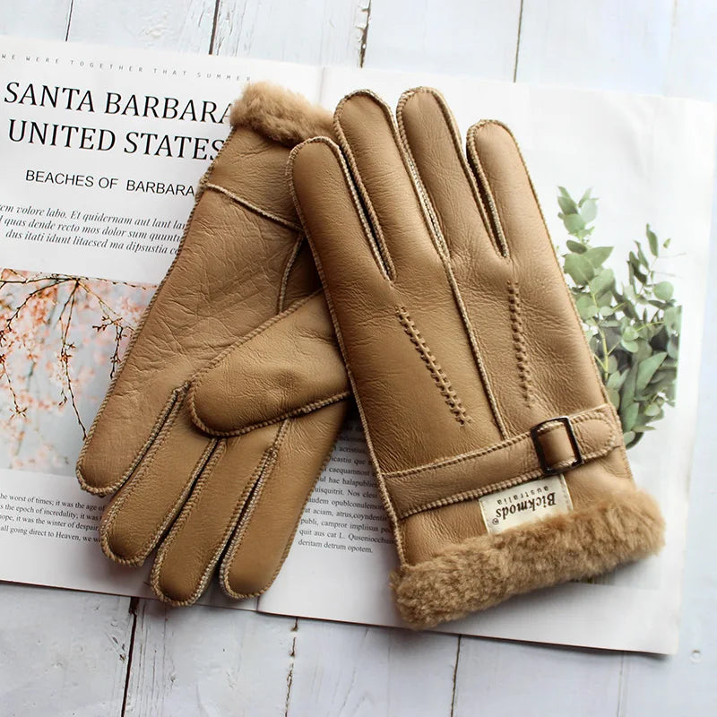 Sheepskin Fur Gloves Men's Thick Winter Warm Large Size Outdoor Windproof Cold Hand Stitching Sewn Leather Finger Gloves