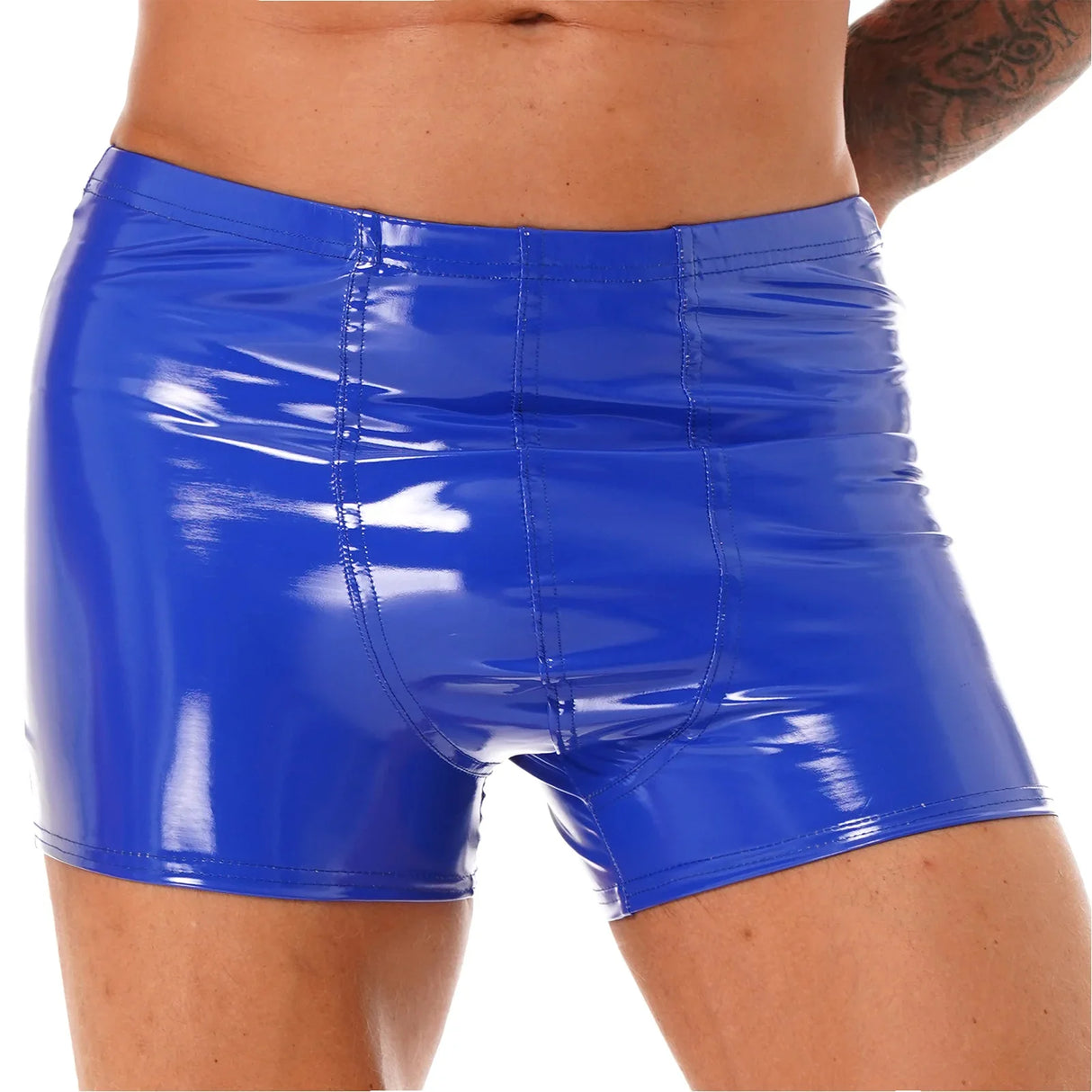 Mens Patent Leather Shorts Dance Performance Clubwear Wet Look Pants Elastic Waistband ShortsBulge Pouch Boxer Briefs Shorts