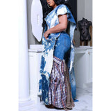 Plus Size Blue Daily Denim Tie Dye With Pocket Sleeveless Floor Length Outwear