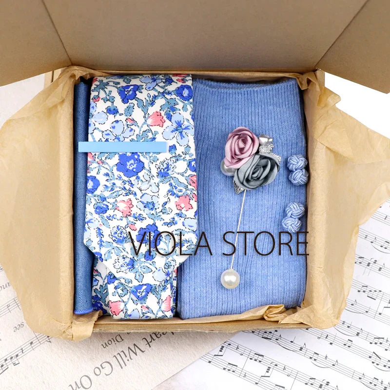 Viola Design 6PCS Gift Box Floral Solid Cotton Sock Tie Sets Clip Pin Cufflinks Hankie Men Wedding Party Daily Cravat Accessory