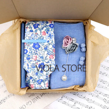 Viola Design 6PCS Gift Box Floral Solid Cotton Sock Tie Sets Clip Pin Cufflinks Hankie Men Wedding Party Daily Cravat Accessory