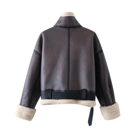 UNIZERA 2023 Autumn/Winter New Product Women's New Fashion and Casual Versatile Flip Collar Leather and Fur Integrated Jacket Co