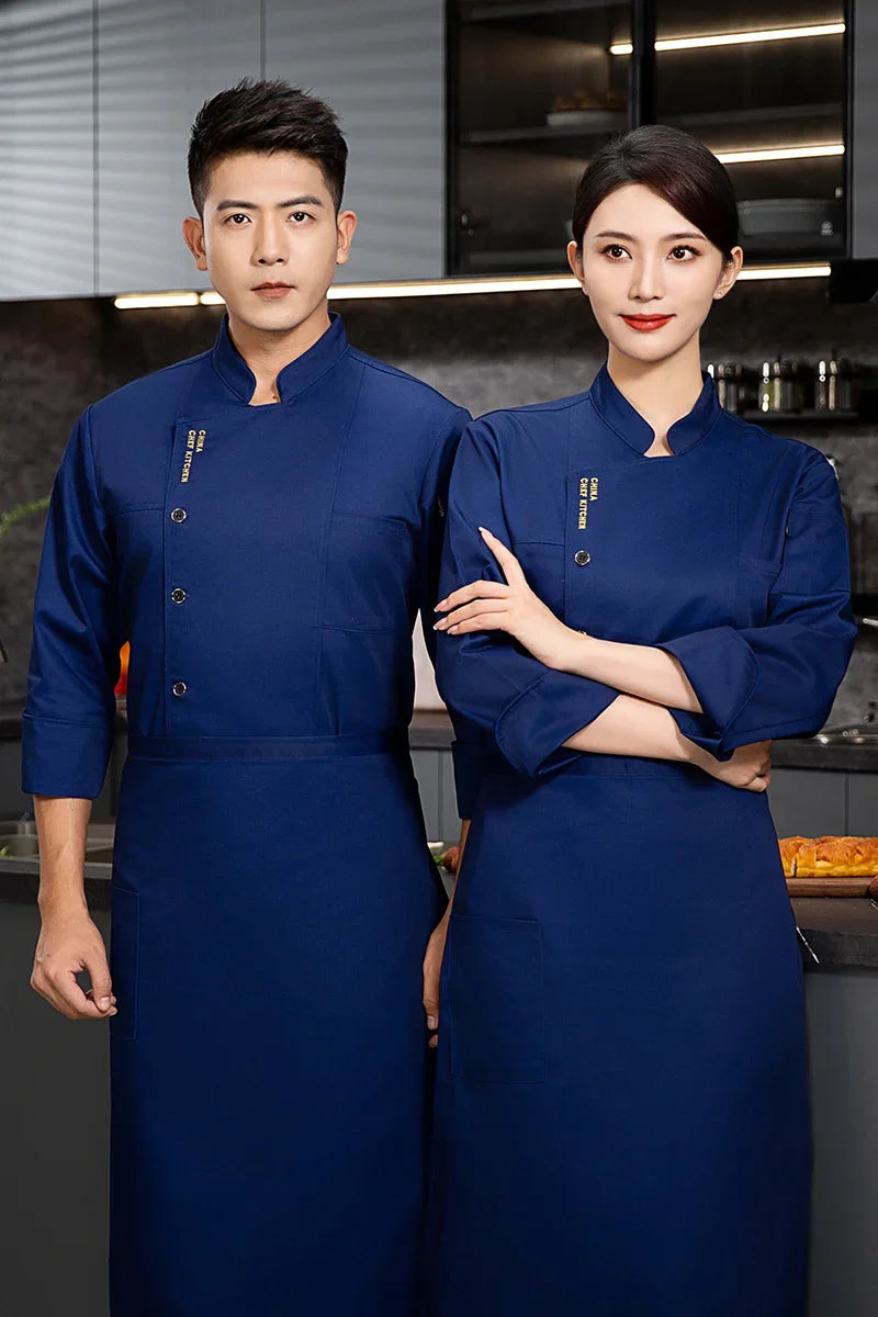 Men chef jacket with apron Long Sleeve Chef uniform Restaurant Cook Coat Chef T-shirt Work Uniform Hotel Clothes Logo women