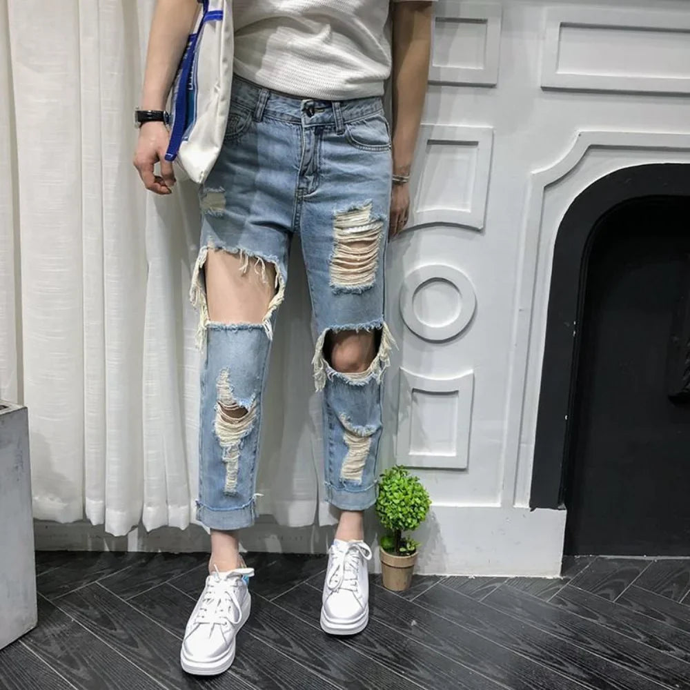 Men Jeans Knee Hole Ripped Stretch Skinny Denim Pants Solid Color  Autumn Summer Hip-Hop Style Slim Fit Trousers 2023 pantalones