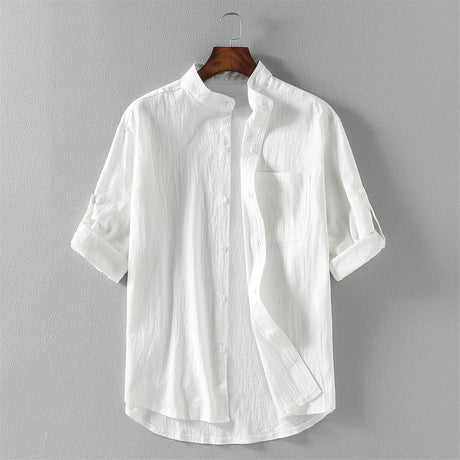 Men's Summer Shirts Stand-up Collar Five-point Mid-sleeve Shirt Cotton Linen Loose Solid Color Top Casual Thin Soft Blouse