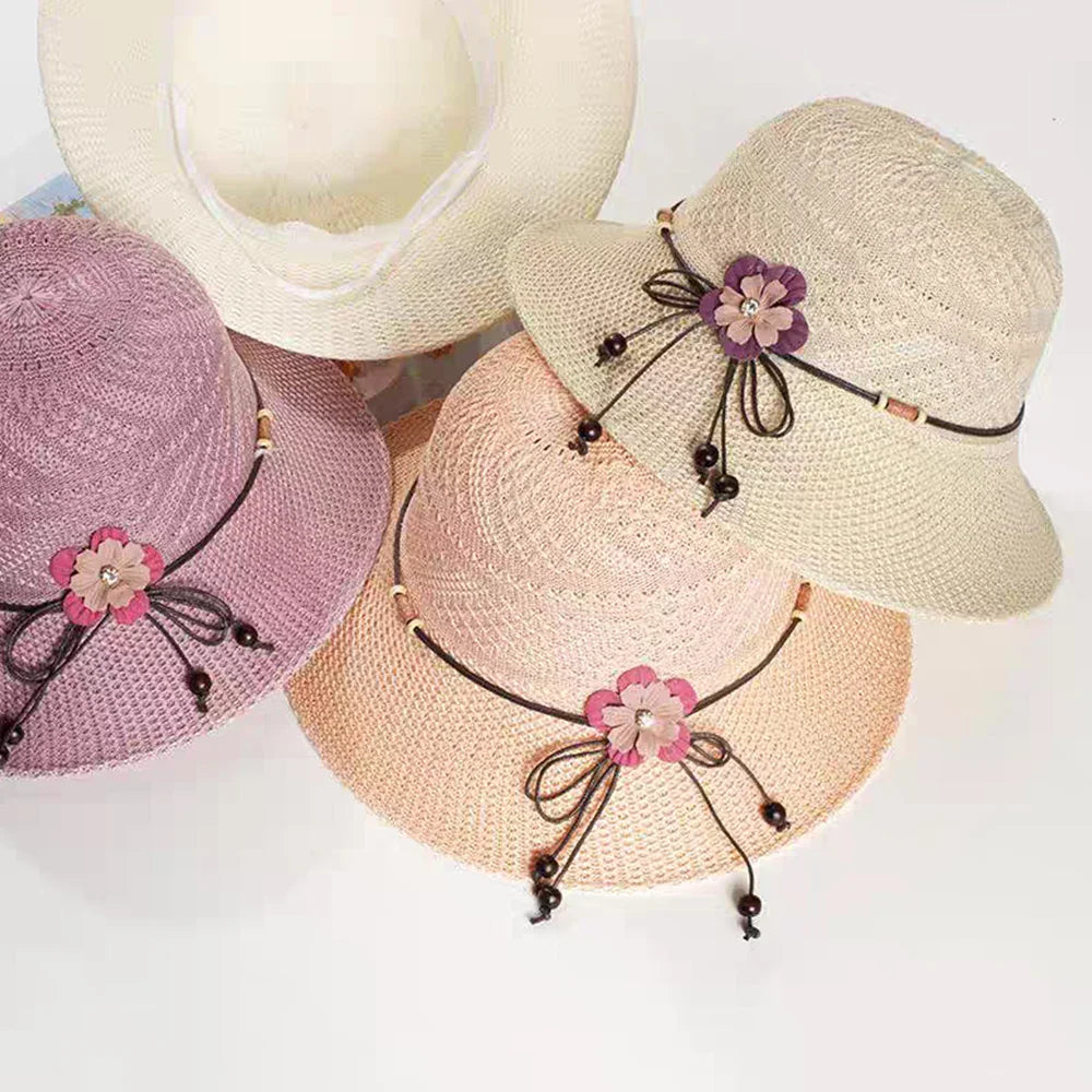 Bow Flowers Straw Hat Sweet Foldable Beach Hat Wide Brim Elegant Bucket Hat Sunscreen Outdoor Casual Sun Cap Women All Match